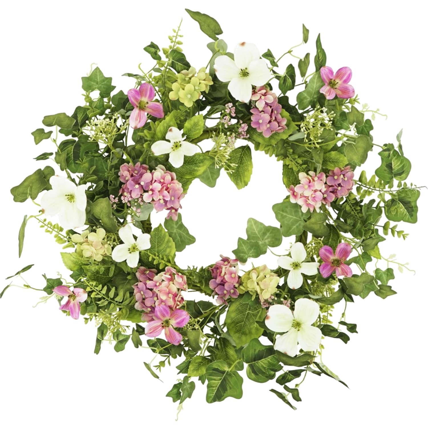 Spring Summer Wreath 20&Prime; Pink Hydrangea Eucalyptus Leaves Home Decor