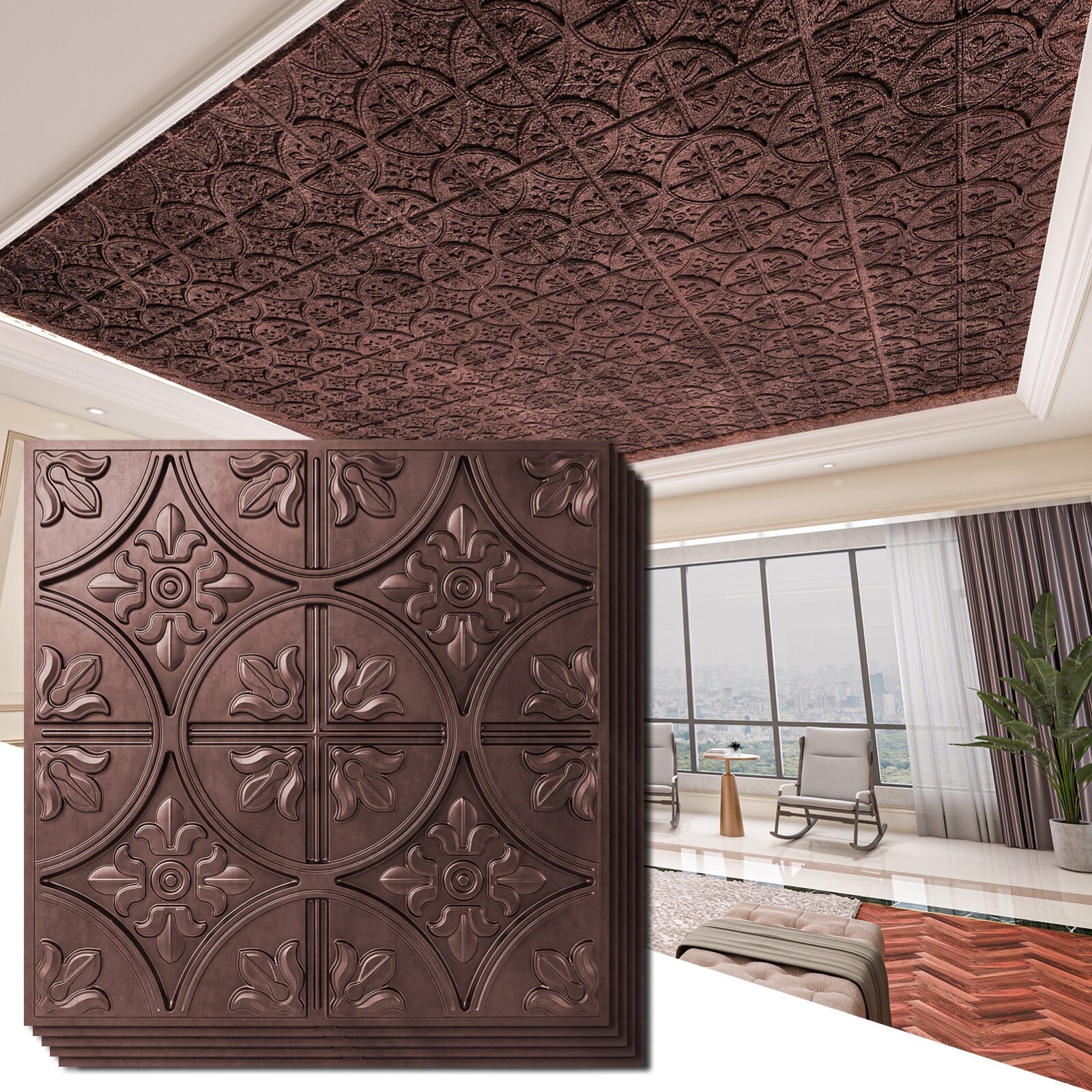 Art3d 2×2 ft. PVC Ceiling Tile in Antique Copper,Fancy Classic Style,12-pack