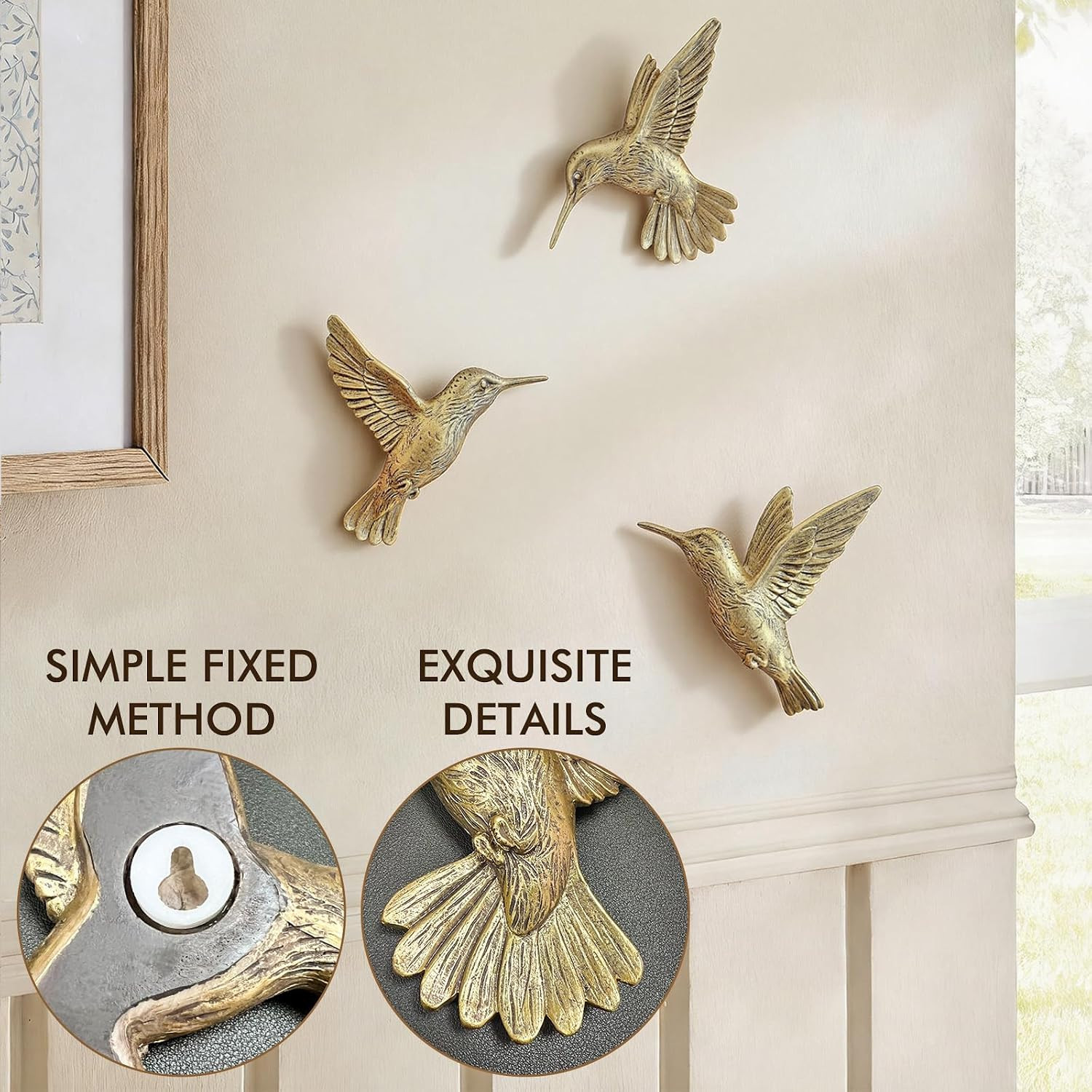 GUSFREUD 3D Hummingbird Wall Decor Set – Brass Resin Bird Wall Decor for Living