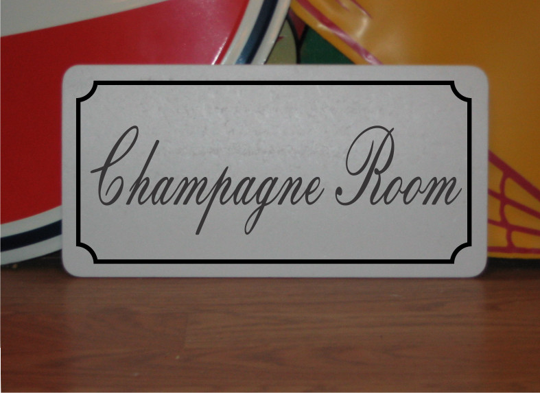 Champagne Room Metal Sign in Fancy Script and Black Border