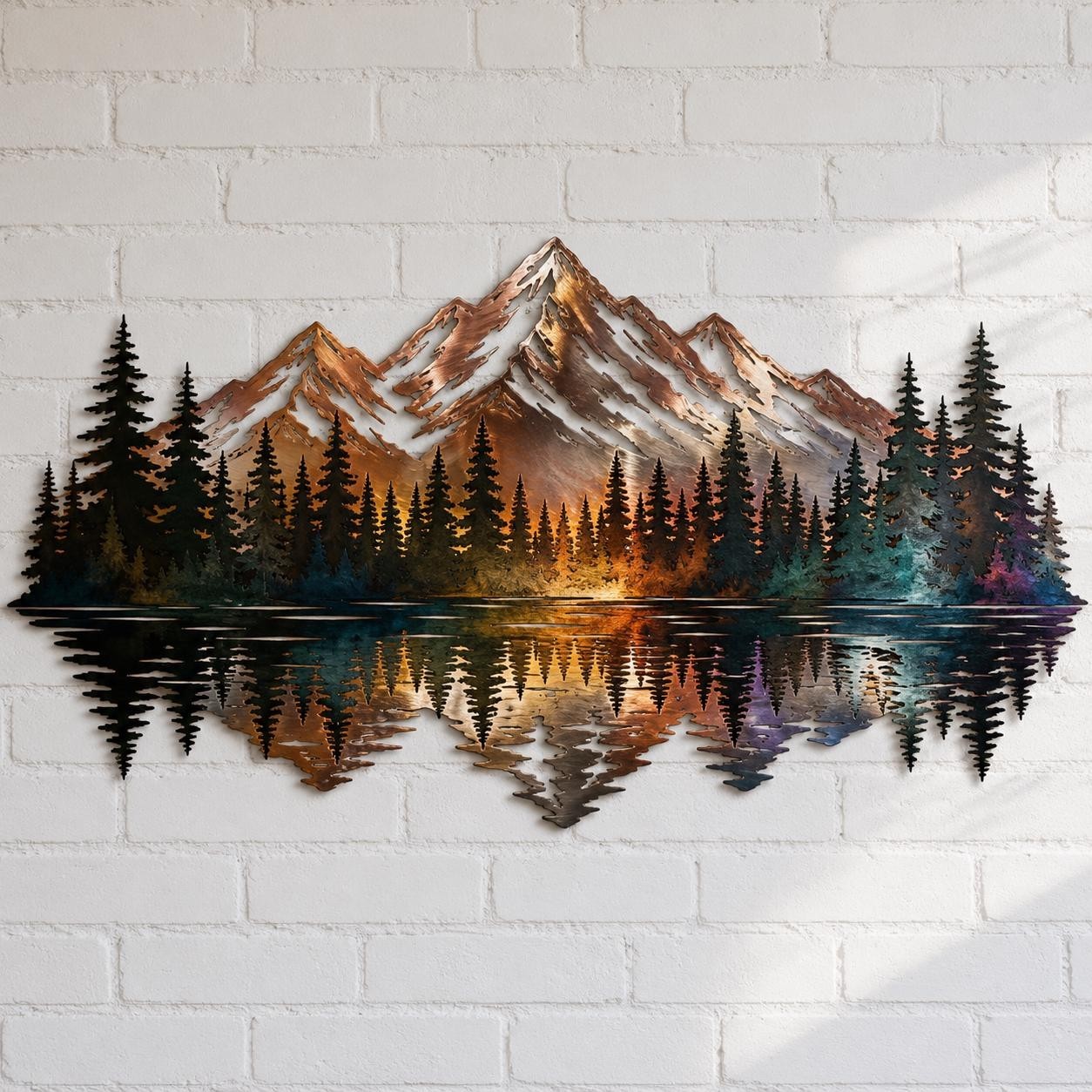 Mountain Lake Metal Wall Art, Forest Landscape Wall Decor, Rustic Cabin Metal