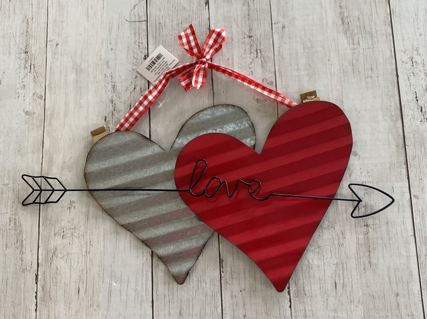 Valentines Day Galvanized Rustic Metal Sign Double Heart “Love” Arrow 19.6”x10.4