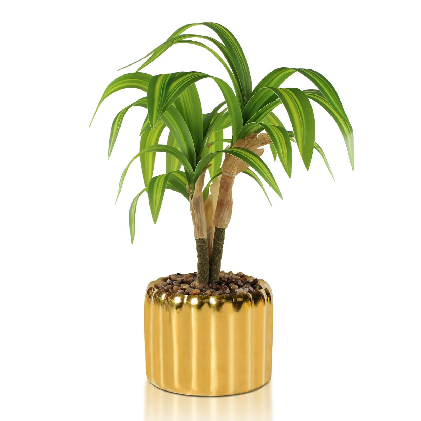 10. 6&Prime; Artificial Dracaena Plant with Textured Leaves Golden Ceramic Pot Real…