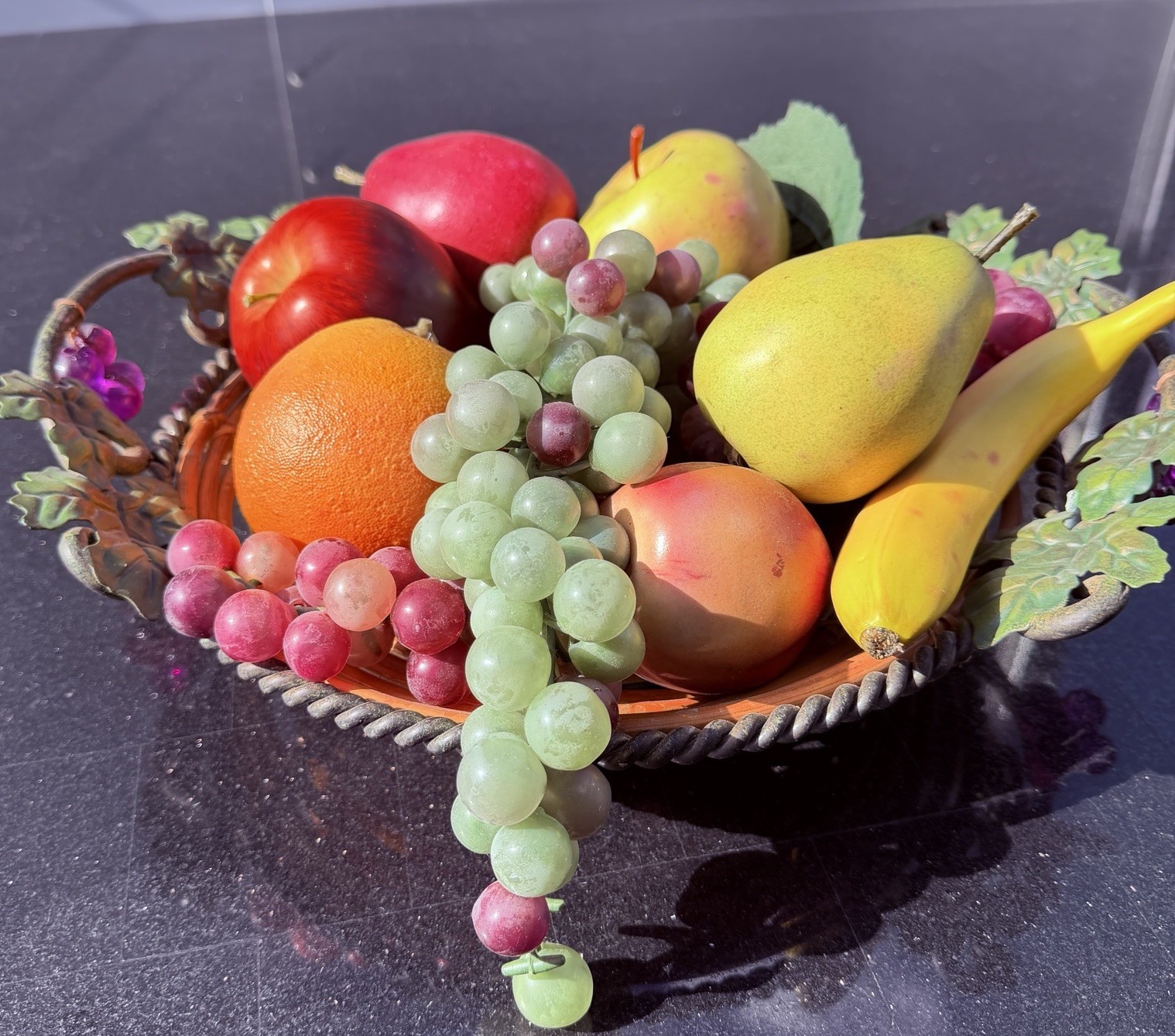 Vintage Faux Fruit Centerpiece Metal Grapevine Basket Grapes Kitchen Table Decor