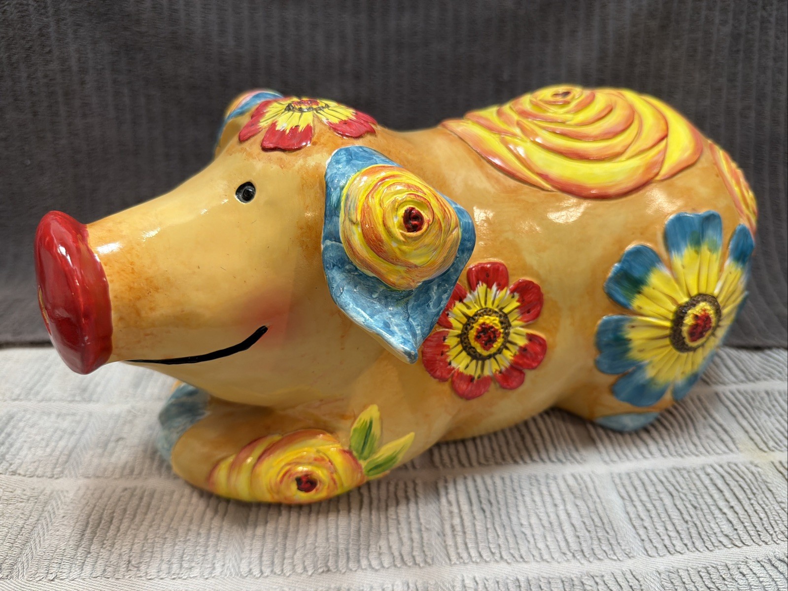CUTE Whimsical Spring Summer Art Resin Pig Laying Down Hand Painted 6” x 13”