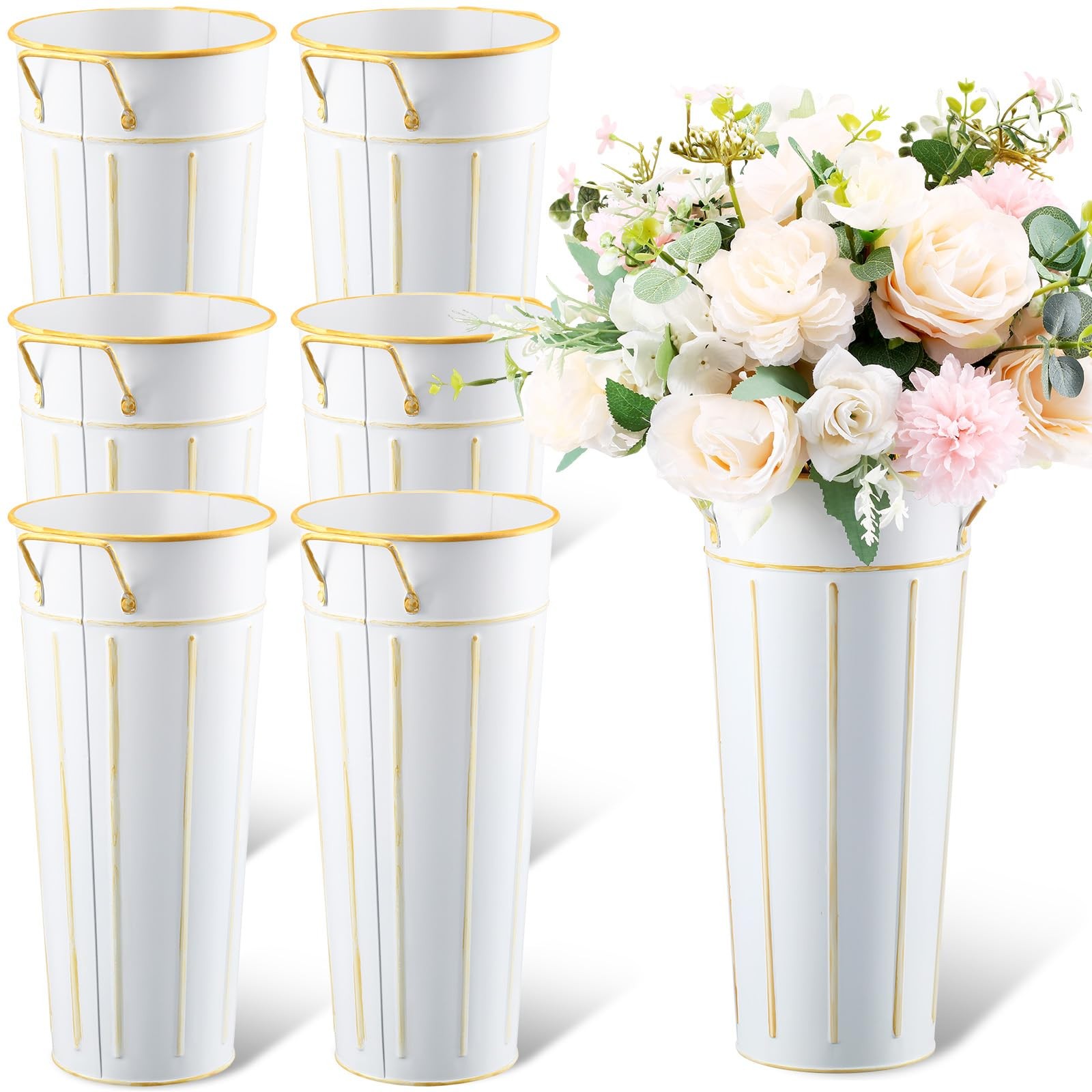 6 Pcs 11.8 » Galvanized Metal Vase with Handle Rustic Galvanized Vase Planter…