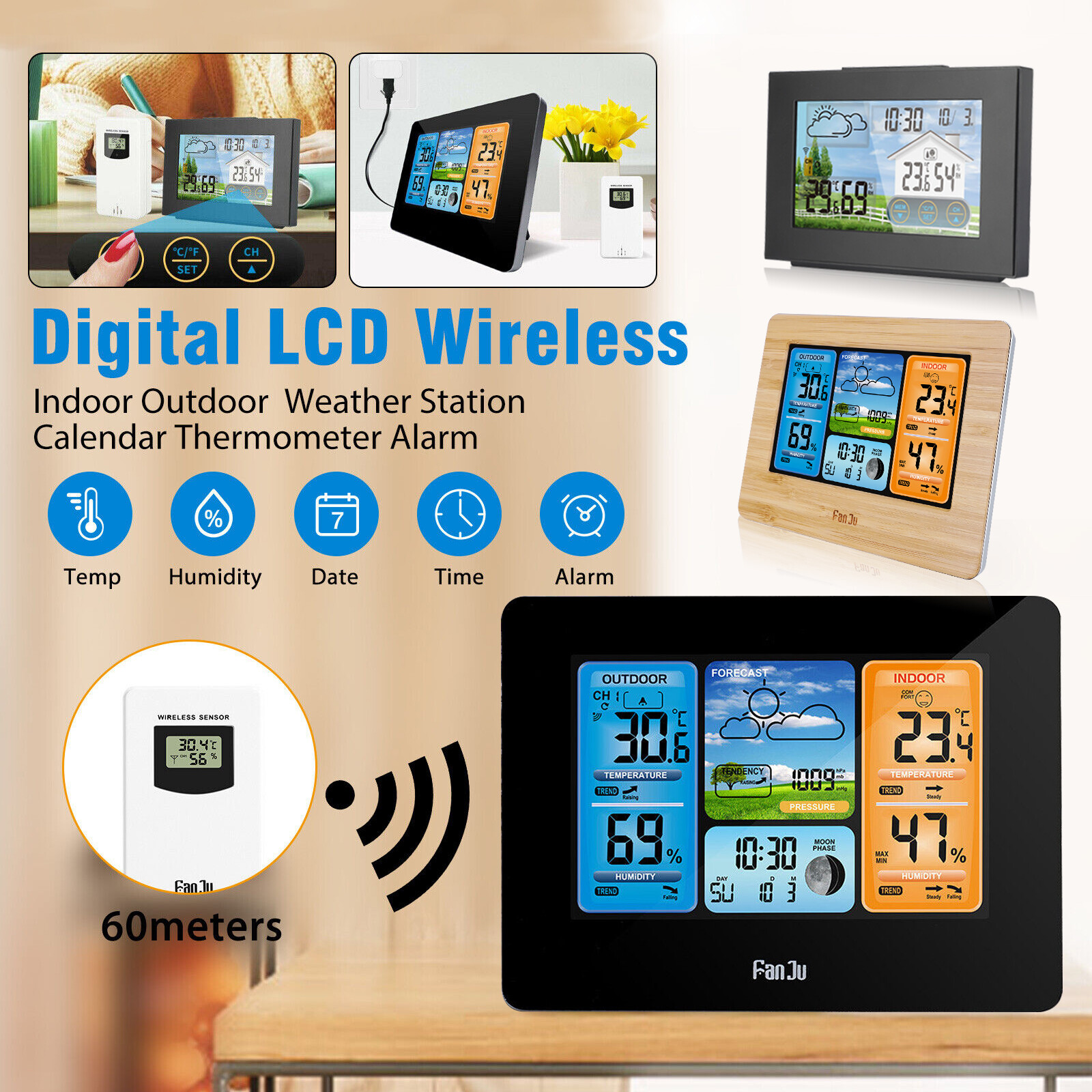 Wireless Indoor & Outdoor Weather Station Clock Calendar Digital LCD Thermometer