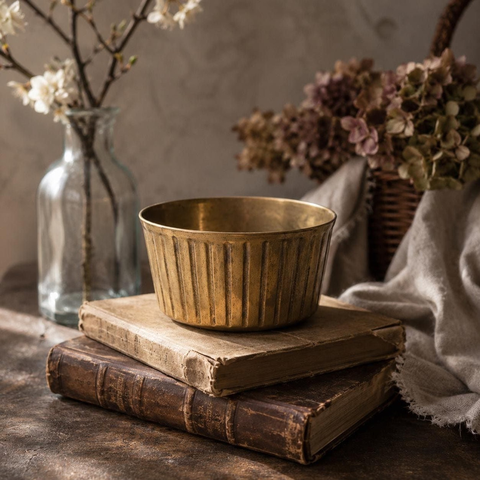 Vintage Solid Brass Cachepot Planter Bowl Ribbed Korean Brass Vessel
