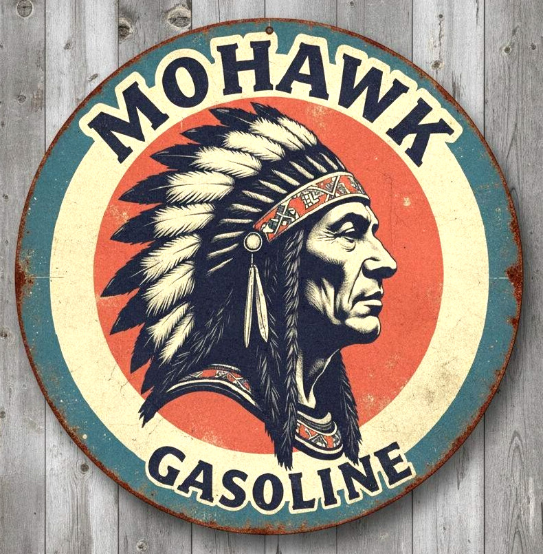 Mohawk Gasoline 8&Prime; Diameter Vintage Novelty Metal Sign Made In USA