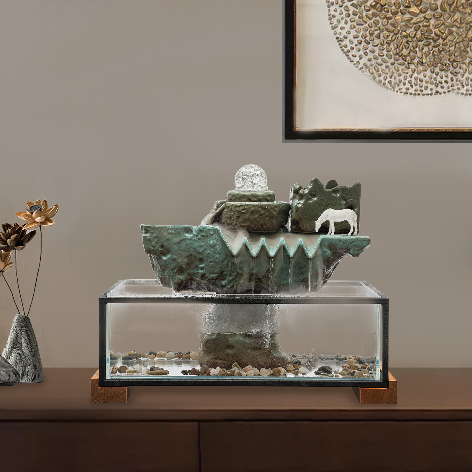 Tabletop Water Fountain with LED Light Resin Glass Waterfall Home Indoor Decor