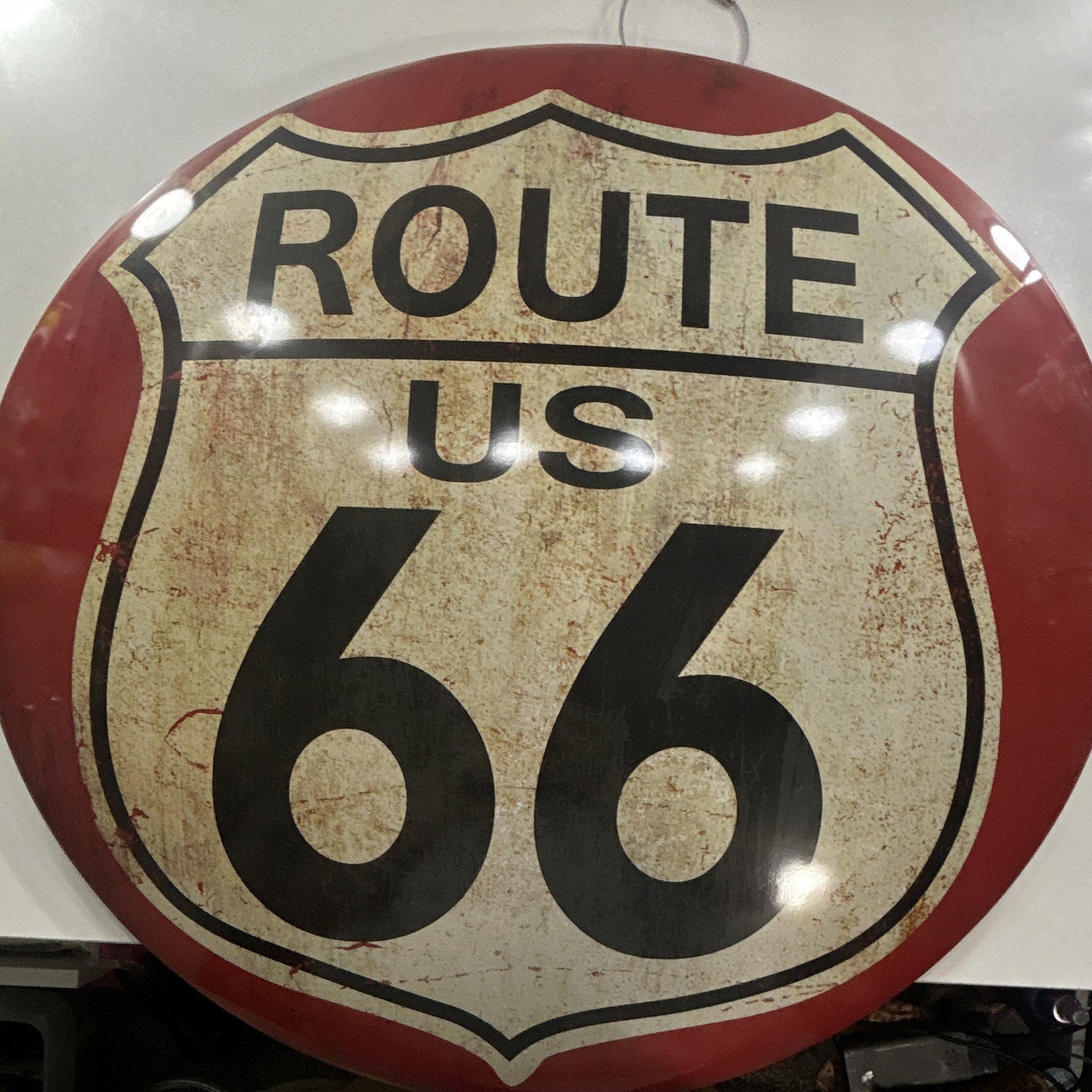 Route 66 Round Metal Hanging Wall Sign Plaque Red/White/Black