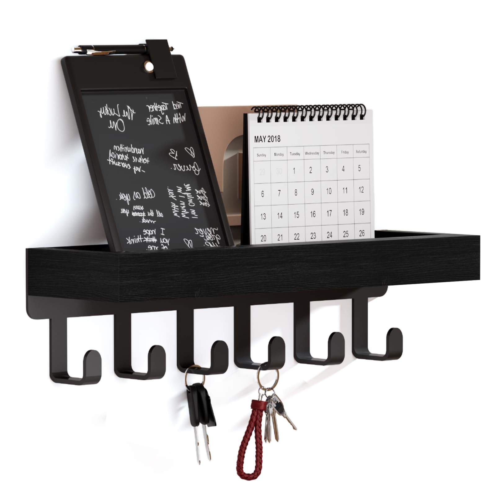 Key Holder Wall Mount – Wooden Key Hooks for Wall with Mail Organizer & 6 Hoo…