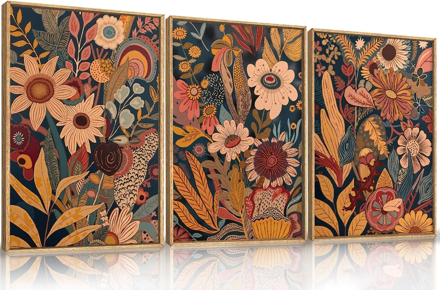 Large Orange Flower Canvas Art Set – Boho Vintage Floral Decor for Home