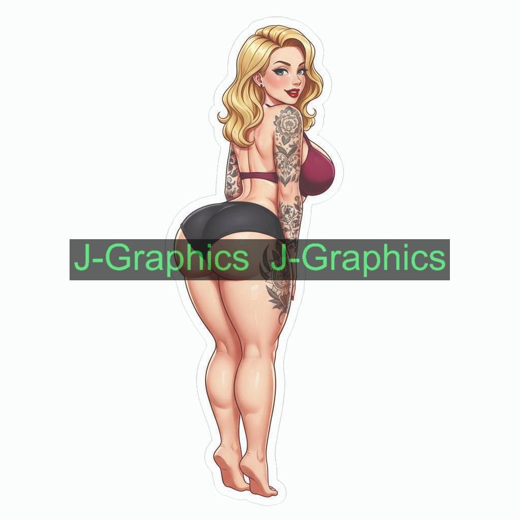 Pinup girl push sticker vinyl decal corset busty cheeky sexy seductive LL