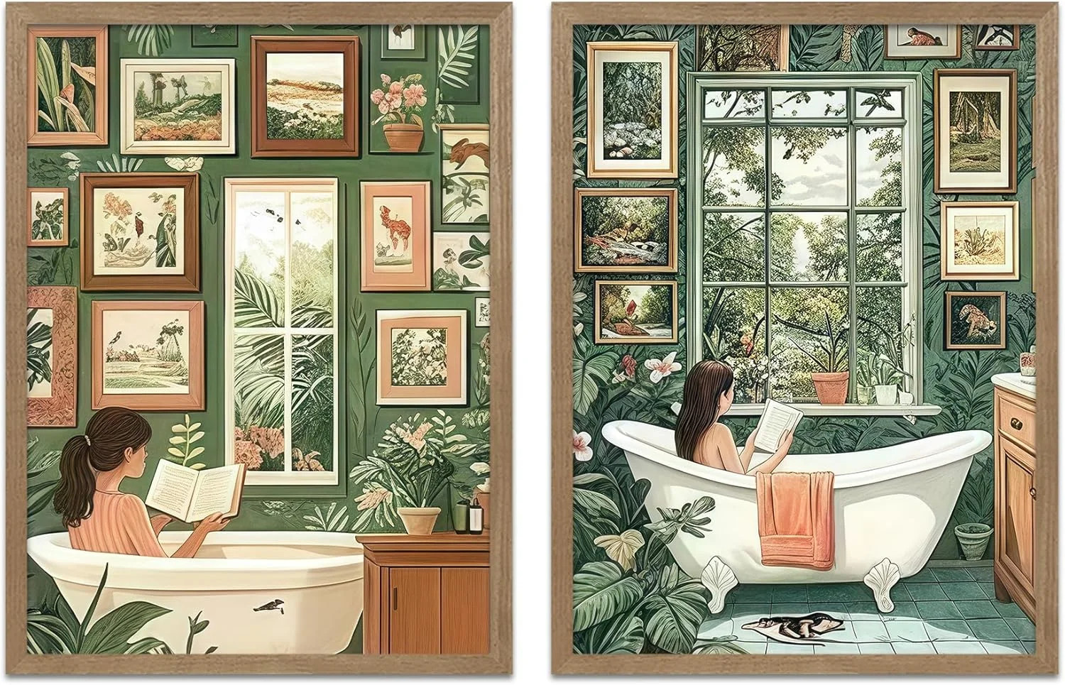 2 Pcs Woman Reading in Bathtub Canvas Wall Art, Vintage Green Botanical Poster P