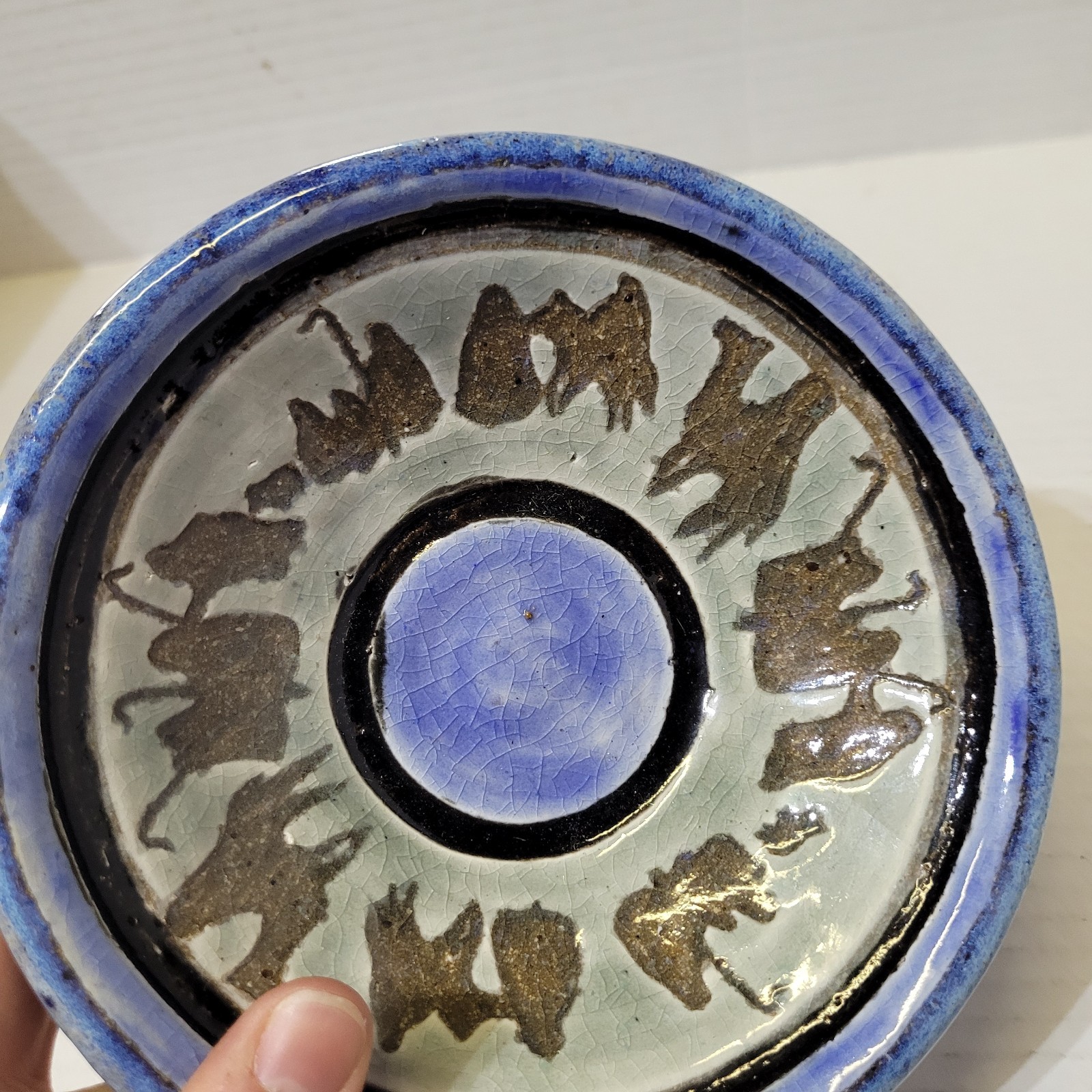 Stoneware Bowl Blue Glaze Camel & Shepherd Design – 6.25×1.75in