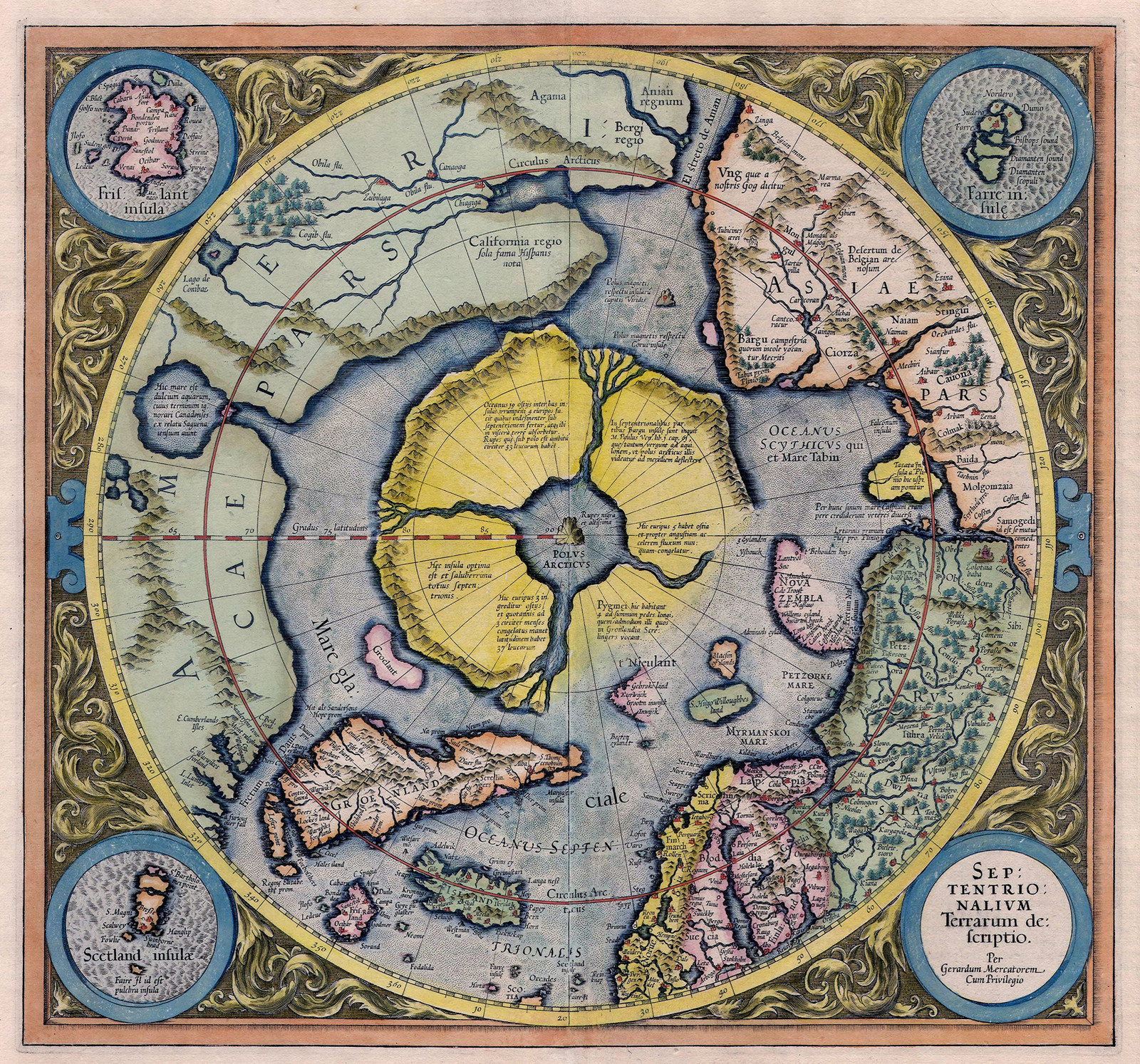 1595 Flat Earth Map North Pole Septentrionalium Terrarum Art Poster Globe Mode