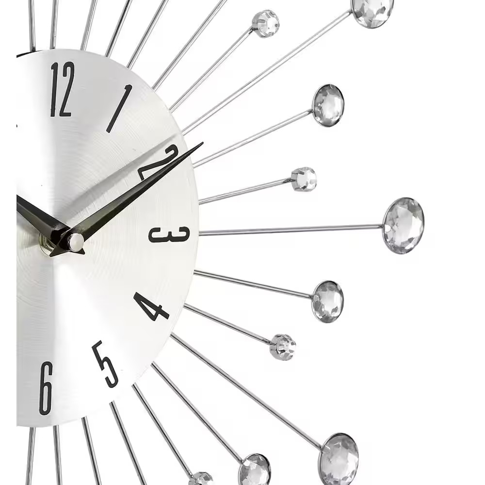 15 In. X 15 In. Silver Metal Starburst Wall Clock with Crystal Accents