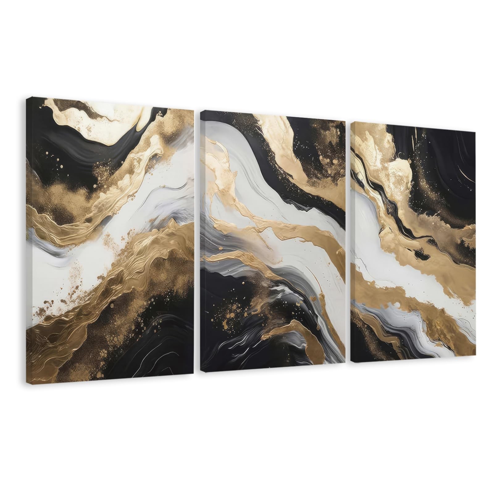 Triptych Black White Gold Wrapped Canvas Wall Art 20×30 inches x3