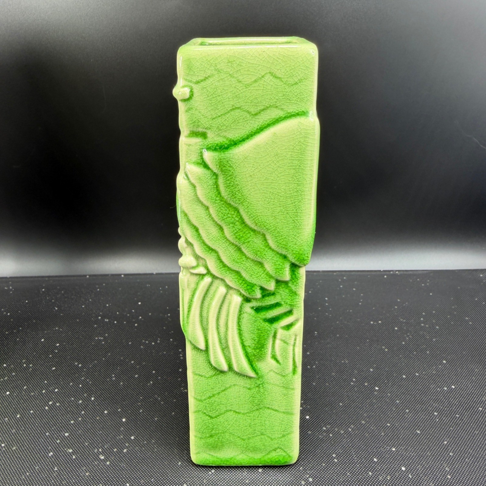 Global Views Green Crackle Glaze Ceramic Bud Vases Set of 2 Geometric Relief 8in