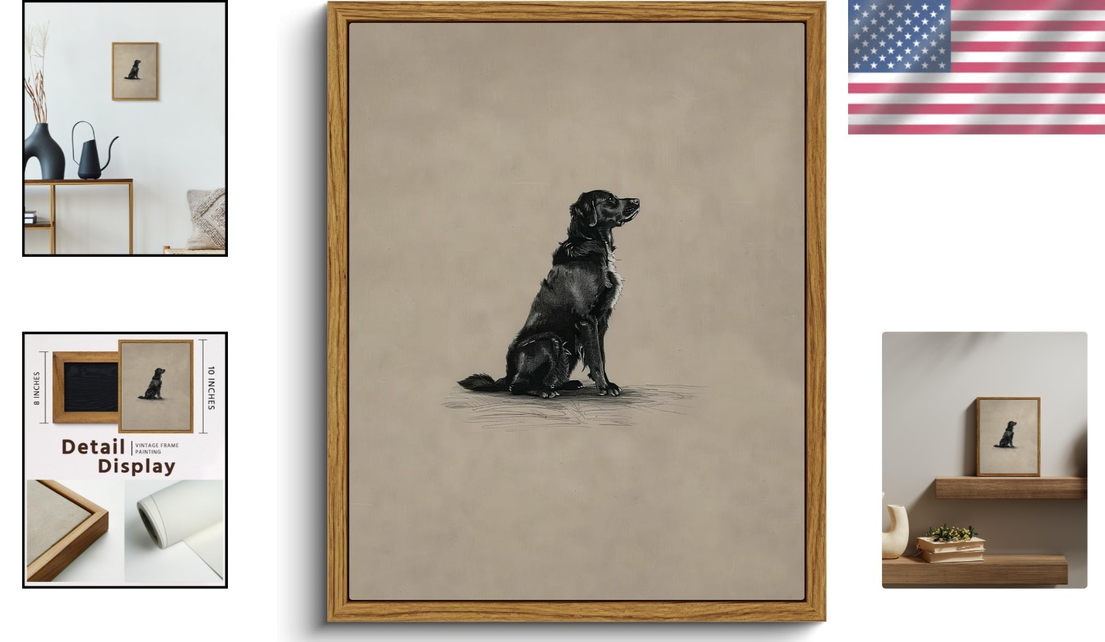 Vintage Framed Black Dog Painting, Minimalist Art