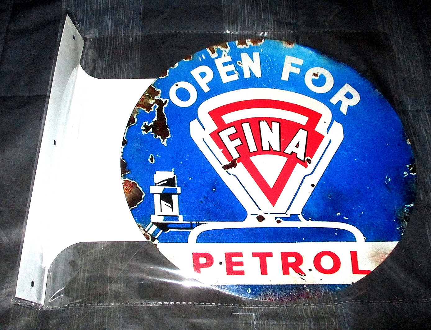 FINA PETROL GASOLINE Double-Sided Imprint Metal Flange Sign #3a – NEW