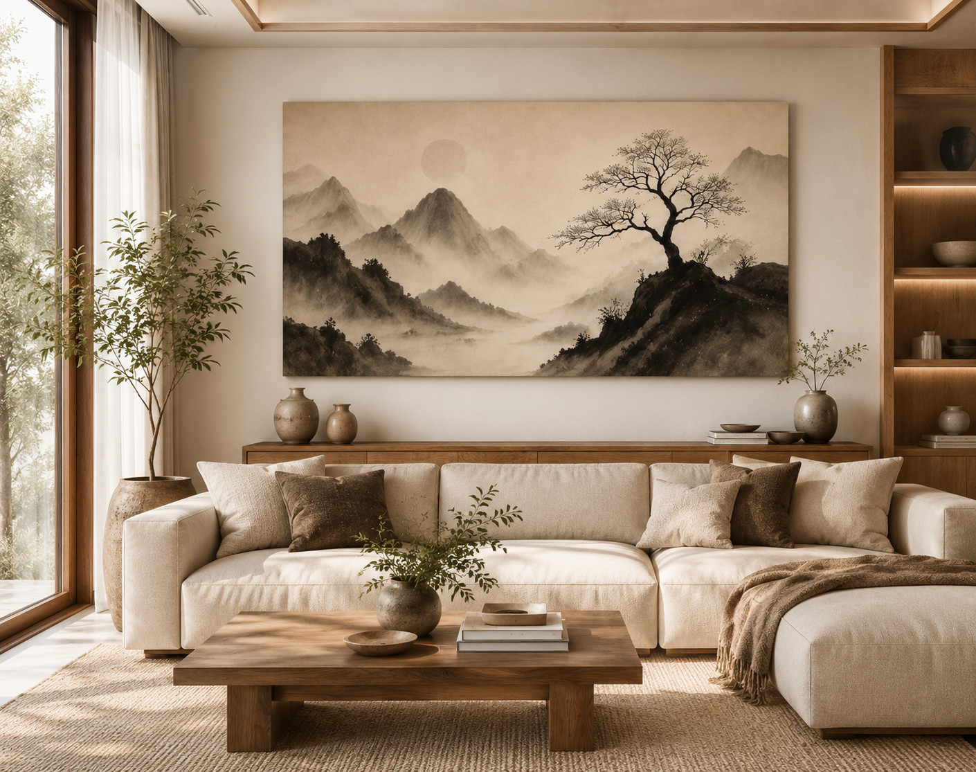 Japandi Canvas Print Neutral Landscape Wall Art Zen Mountain Living Room Decor