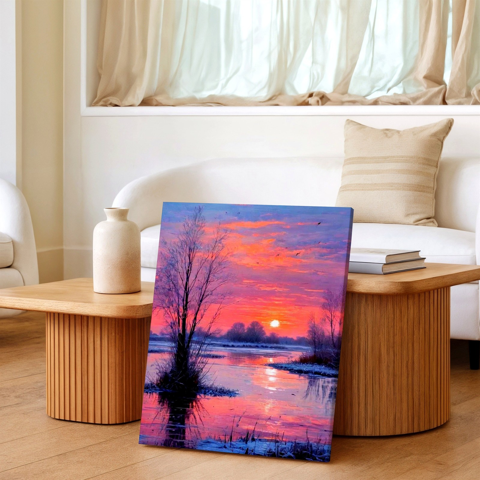 Wall Art Winter Sunset Landscape Print Pink Sky River Reflection Tree Decor
