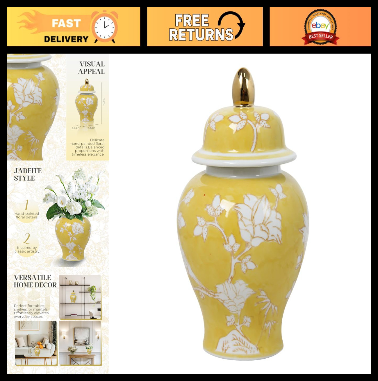 Yellow Ceramic Ginger Jar with Magnolia & Bird Relief, Hand-Carved Floral Vase,