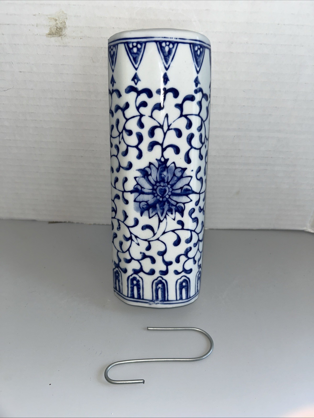 Blue and White Pottery Vase. 8.2” Tall. Chinoiserie Style Ceramic Donation Vase