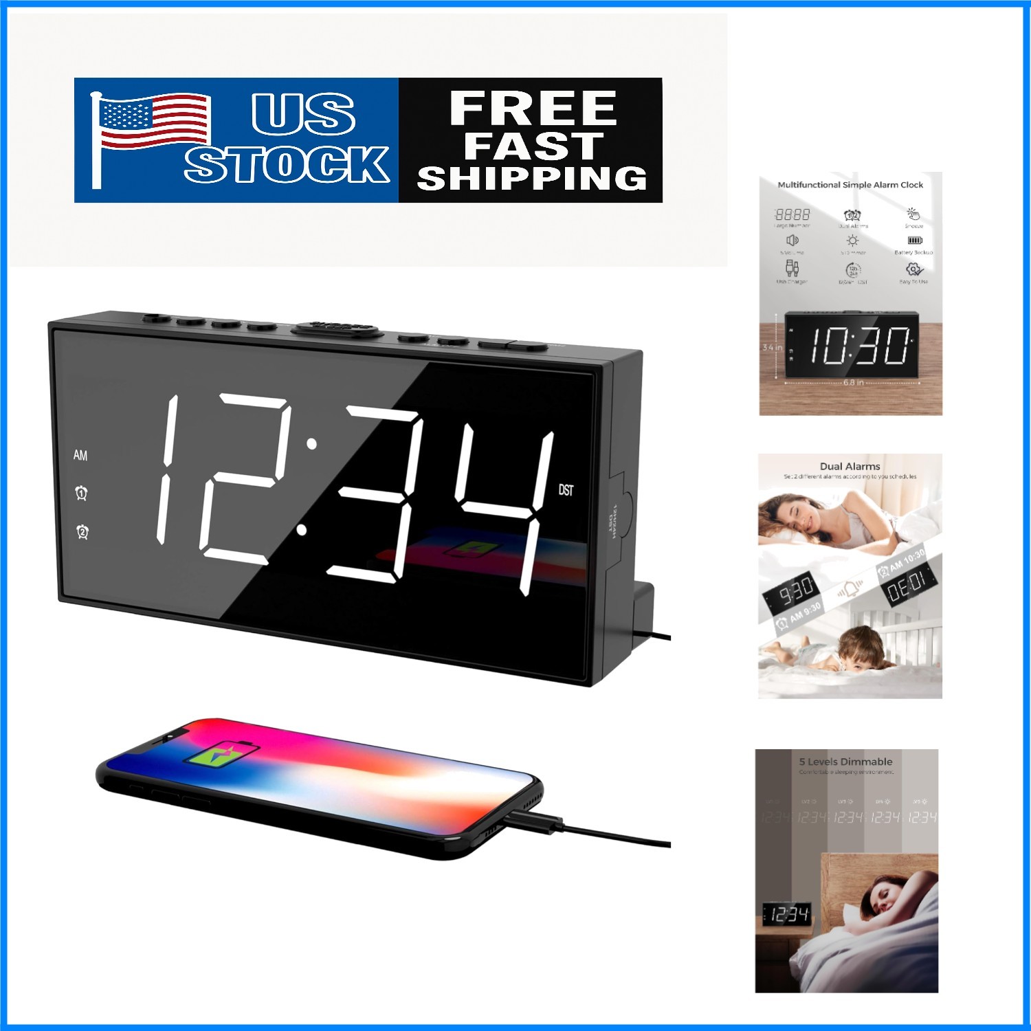 Stylish Tabletop Alarm Clock with USB Charger & Snooze Function for All Ages