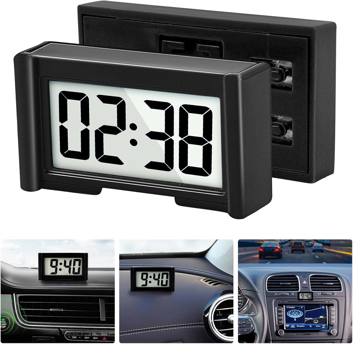 YOUNGFLY Small Digital Clock, Mini Car Dashboard Clock Battery Operated, Black
