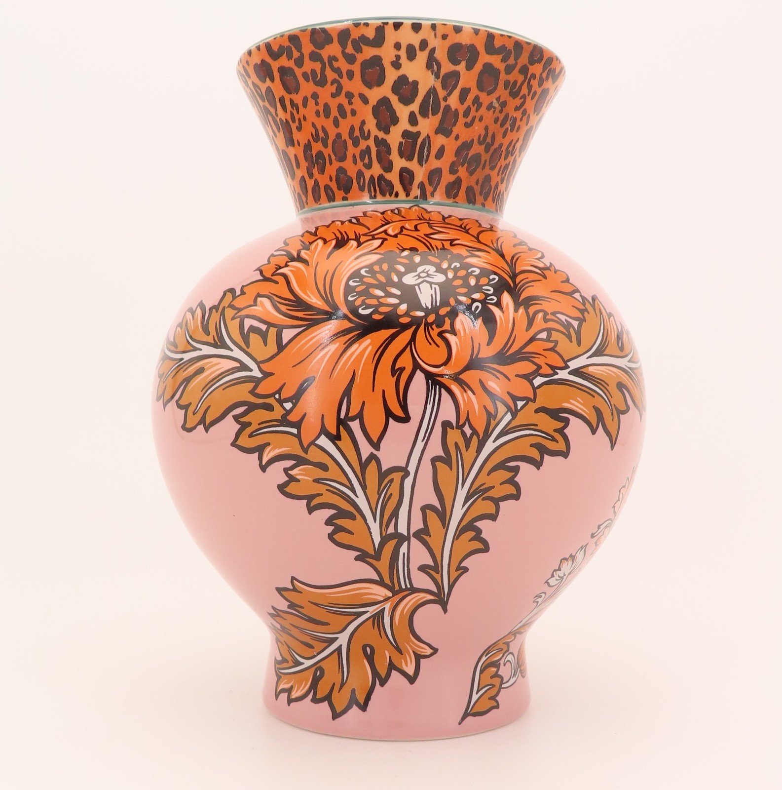 Anthropologie Jylin Vase Modern Flowers Pink Orange w/ Leopard Cheetah Print 8&Prime;H