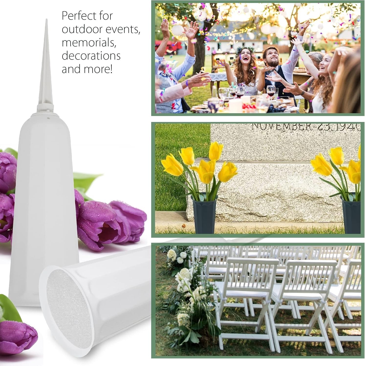 Durable White Flower Vases with Ground Stakes – Perfect for Memorials, 2 Pack