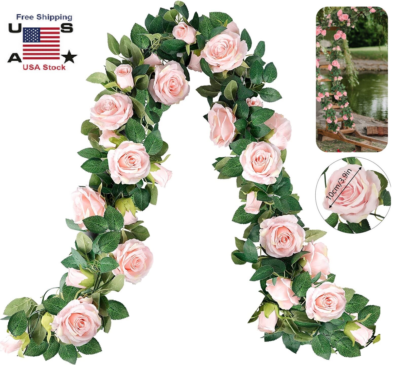 Pink 7.5 Ft Garland Wall Silk Artificial Hanging Rose Flower Vine Wedding Decor