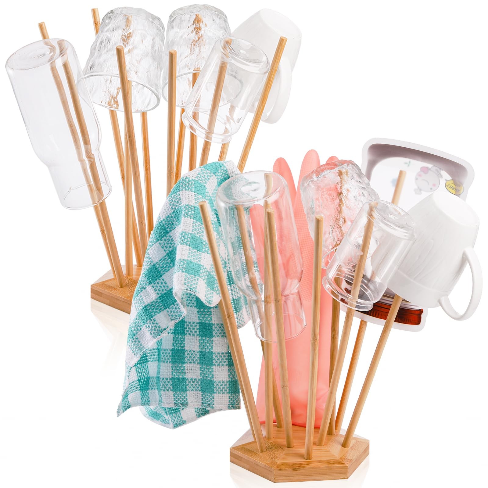 Elsjoy Set of 2 Plastic Bag and Bottle Drying Racks, Bamboo Dryer Rack Brown