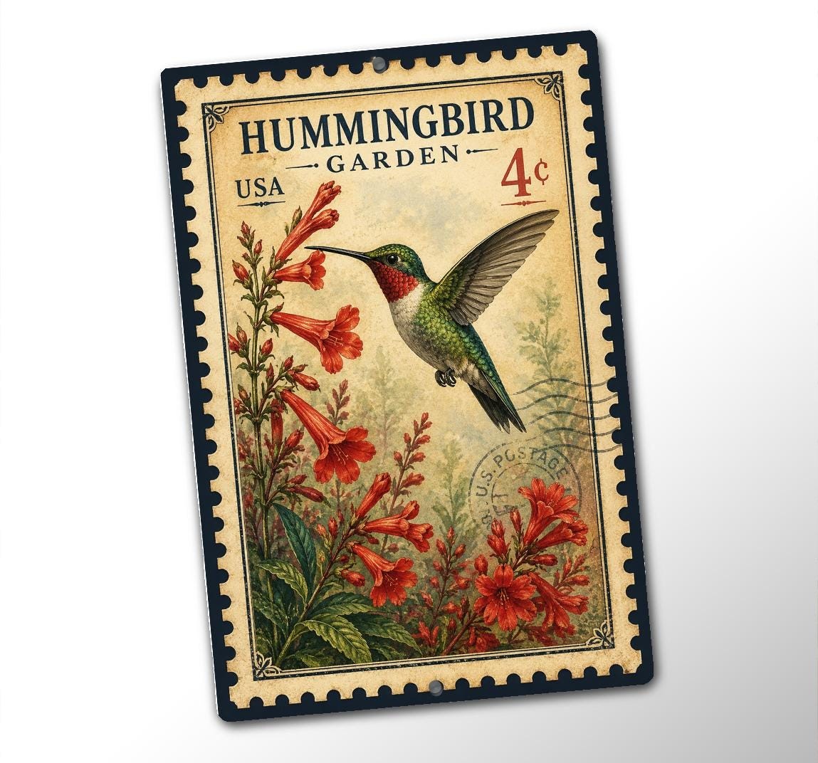 Hummingbird Garden Metal Sign, Vintage USA Stamp Wall Art, Bird Lover Garden