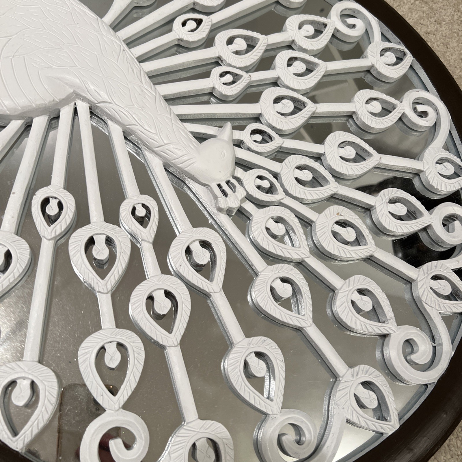Large Round Peacock Wall Mirror Art Decor 23.5” White & Silver w/ Wooden Frame