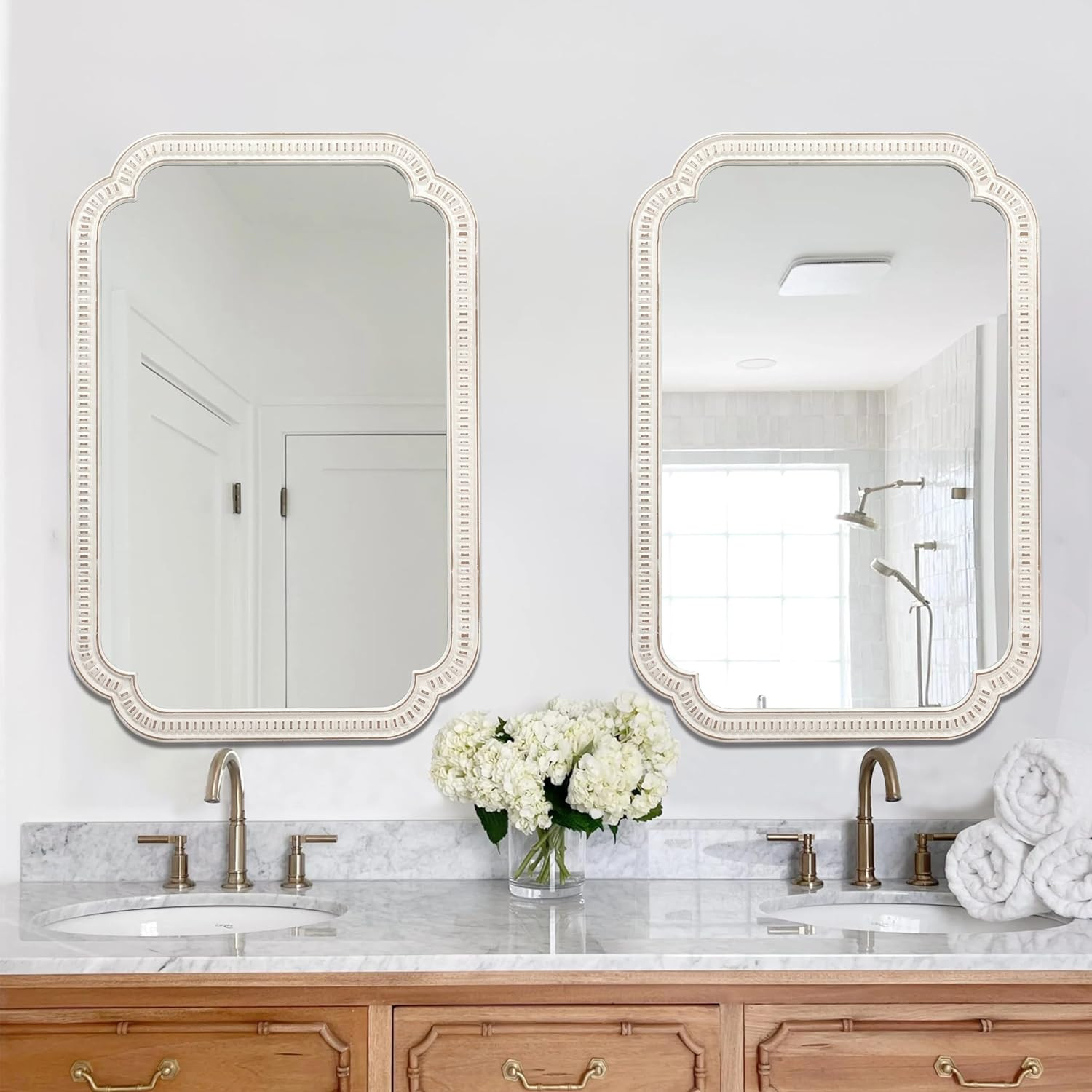 Rustic White Mirrors for Bathroom 24&Prime; X 36&Prime;, Hanging Distressed Finish Carved Wo