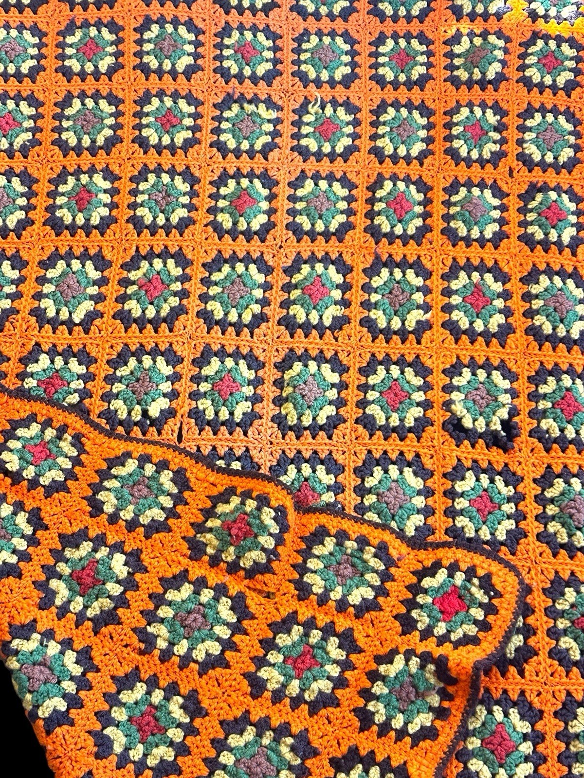 Vtg 70’s Granny Square Afghan Throw Blanket Roseanne Brown Orange Green