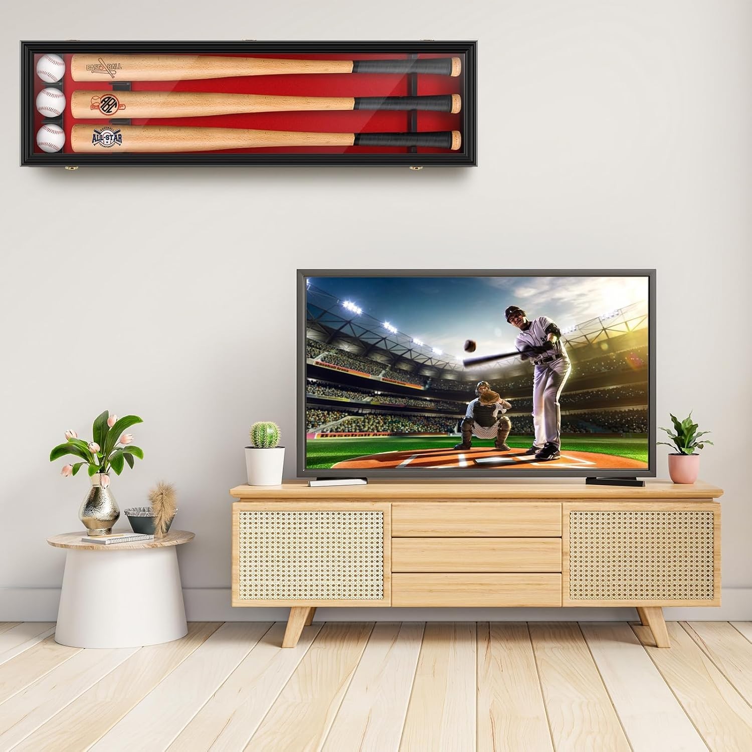 3 Baseball Bat Display Case Black & Red Wall Horizontal Wood Frame MLB Cabinet