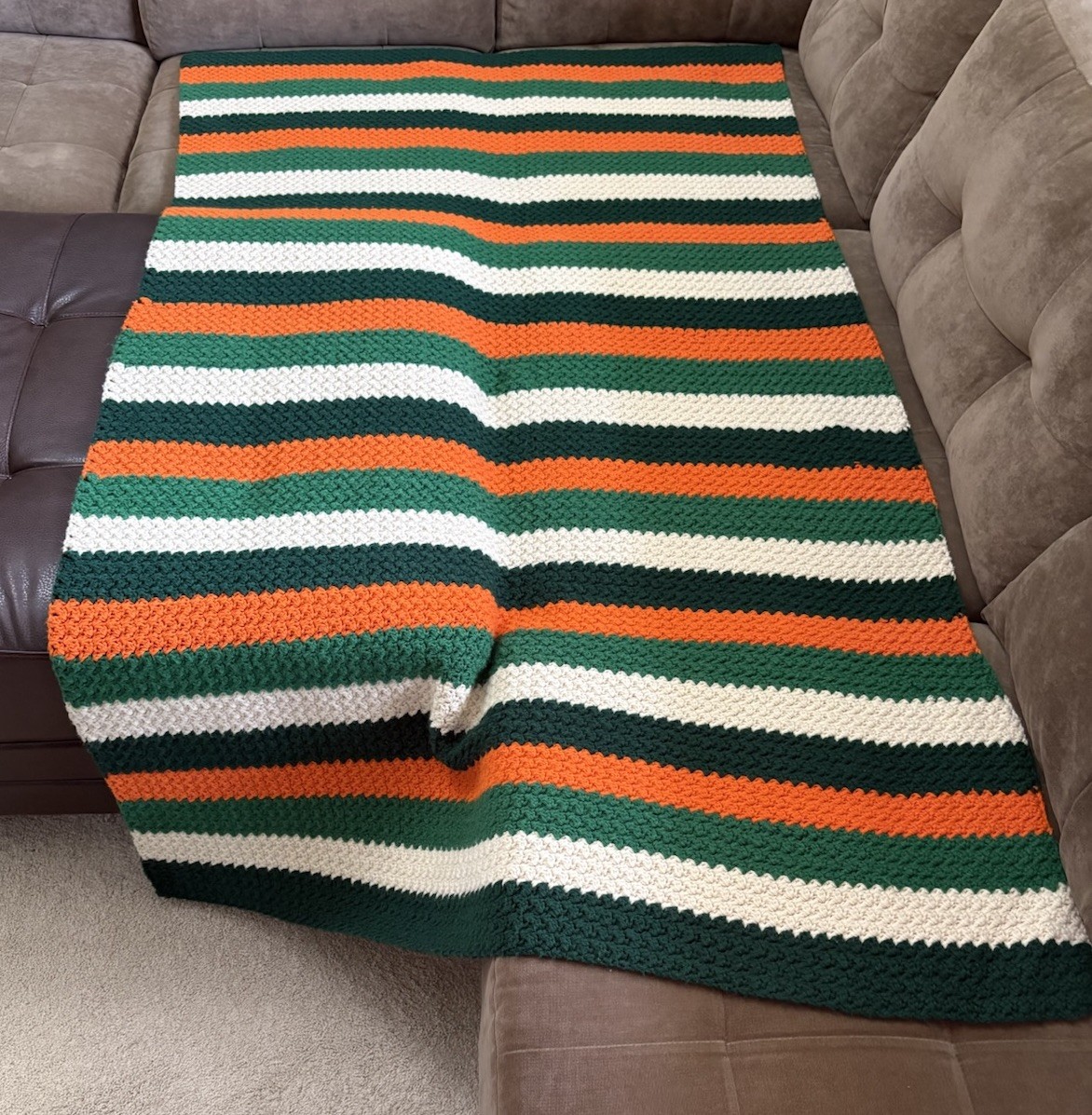 Handmade Crochet Afghan Striped Throw 43×69 in. Orange Green Cream