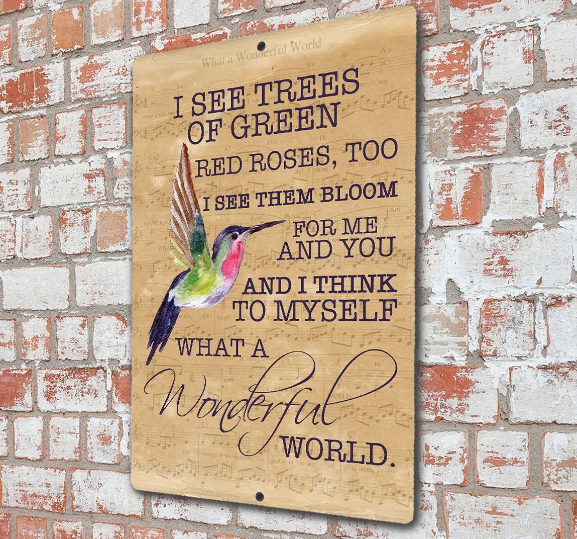 Hummingbird Wonderful World Garden Sign, Wonderful World Sheet Music Song Gift