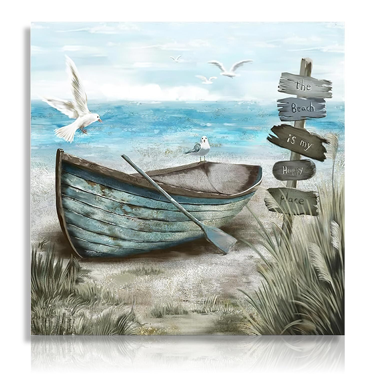 Bathroom Wall Art Coastal Décor Boat on Beach Picture Ocean Seagull Seascape