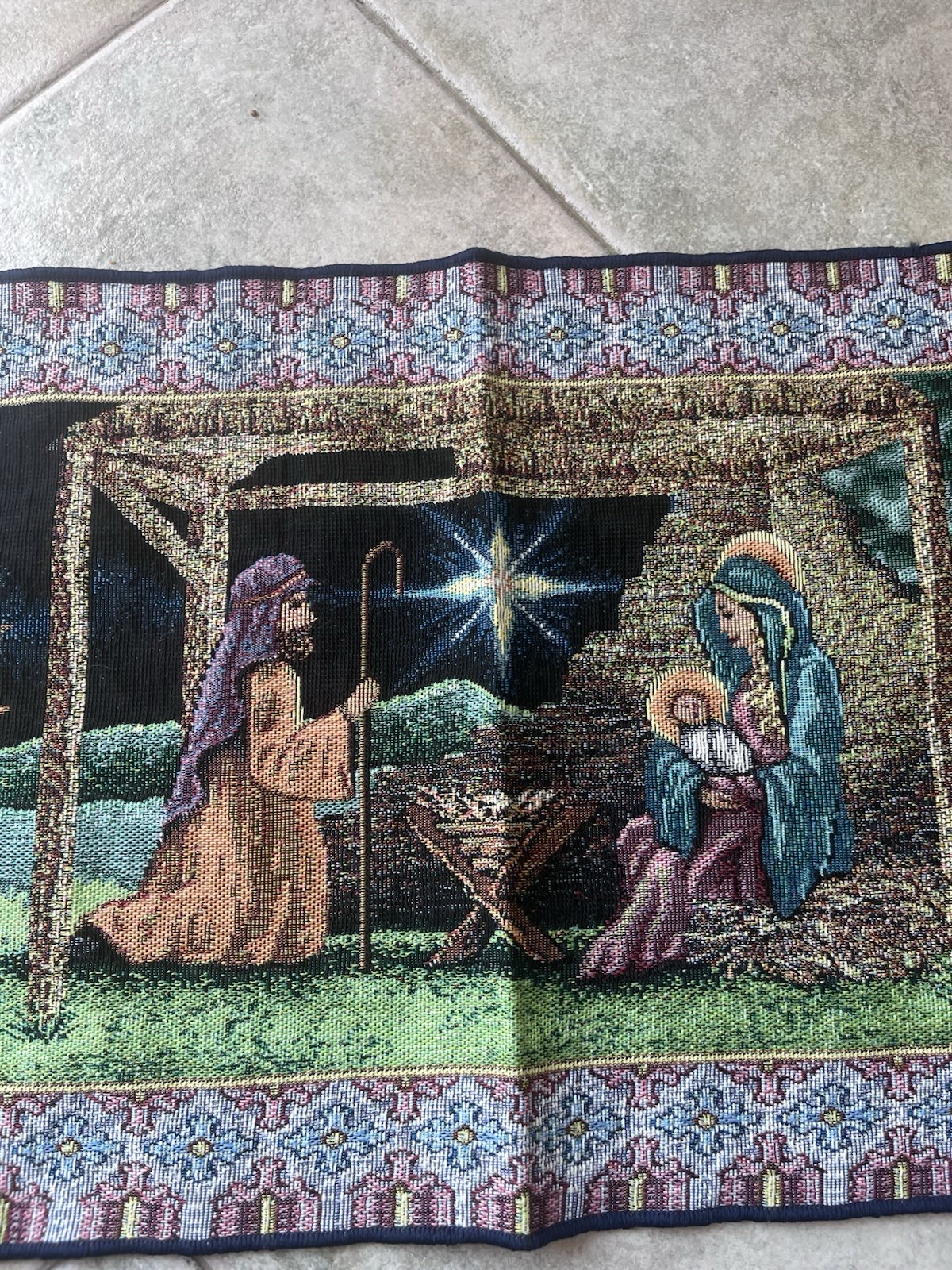 VTG Nativity Tapestry Mary Baby Jesus Wisemen Table Runner 13×72”