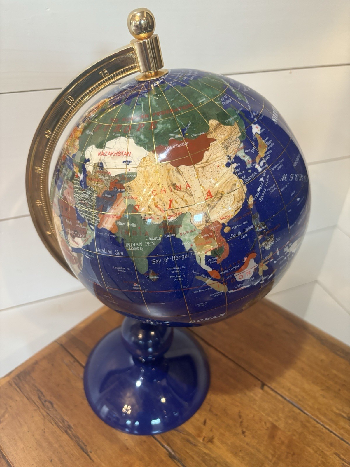 20th Century Lapis Blue Gemstone World Globe with Gilt Meridian Stand 9” Globe