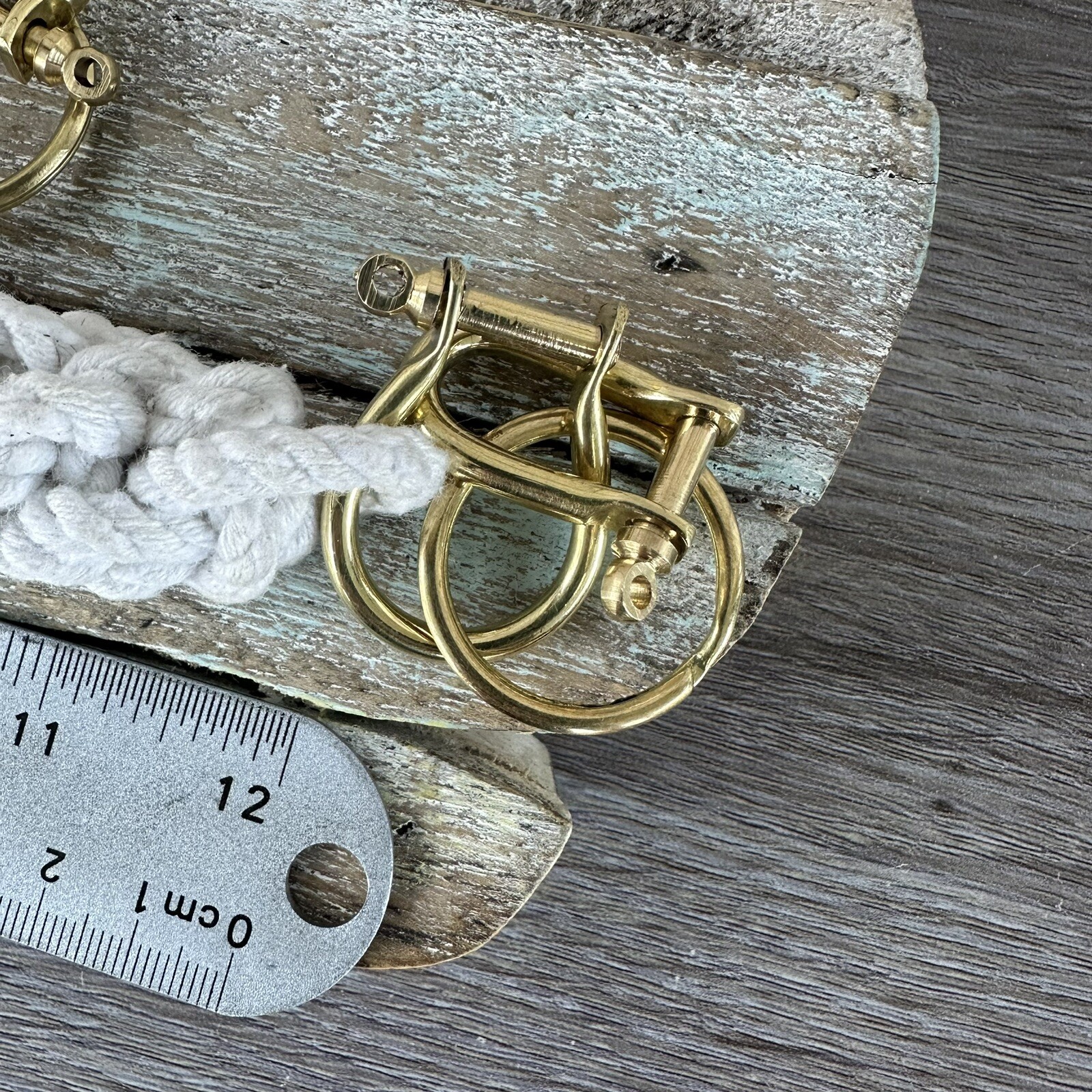 Rope Bell Pull w/ 2 Brass Shackles & Ring, Hand Tied, White, Off White, Natural