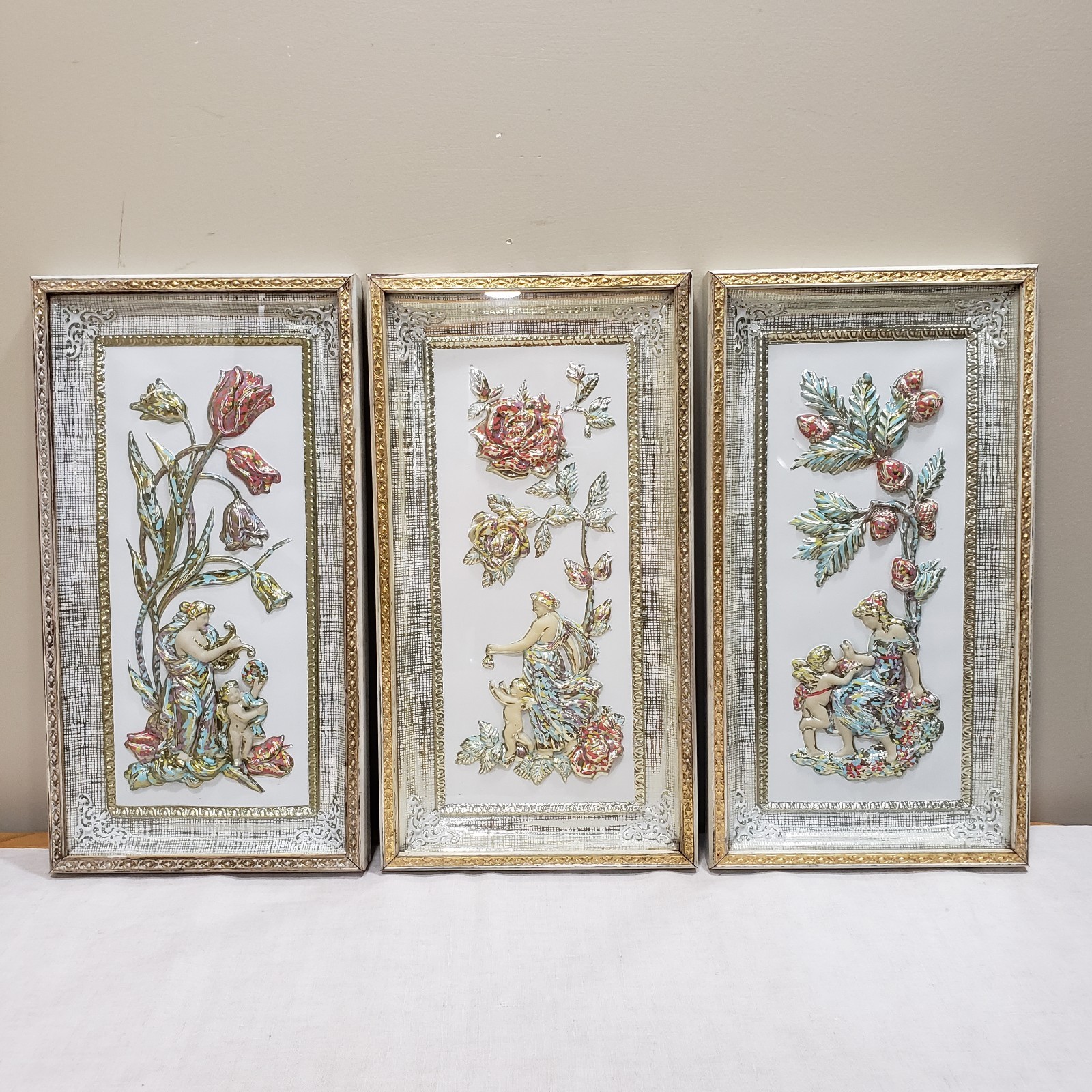 Four Seasons Floral Wall Art 3D Metal Plaques 3pc Florentine Hollywood Regency
