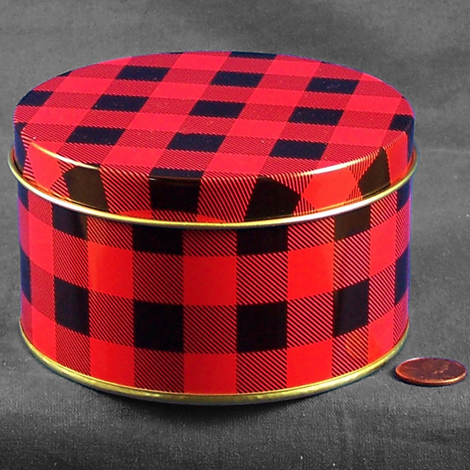 Tin Red & Black Buffalo Plaid Empty Container Metal Round Can New 4,1/3&Prime;Wide