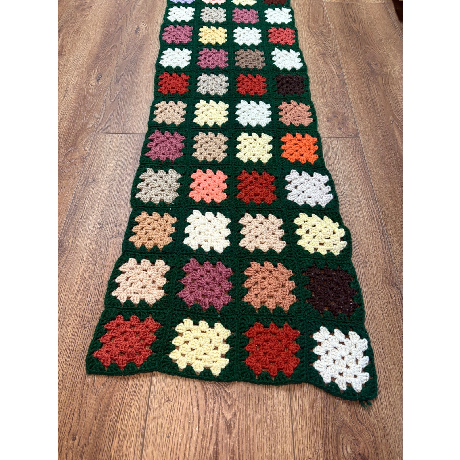 Handmade Crochet Granny Square Table Runner Green Multi Color Boho Vintage 70×19